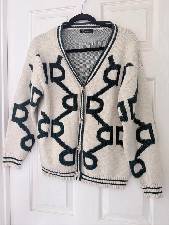 Sweaters - Cream and Dark Green Patterned V-Neck Cardigan Sweater